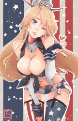 Rule 34 | 10s, 1girl, american flag, arm support, asymmetrical legwear, blonde hair, blue eyes, breasts, cleavage, elbow gloves, fingerless gloves, fourth of july, front-tie top, garter straps, gloves, headgear, highres, iowa (kancolle), kantai collection, large breasts, leaning forward, lips, logo, long hair, looking at viewer, miniskirt, mismatched legwear, navel piercing, nekomimipunks, piercing, skirt, solo, star-shaped pupils, star (symbol), striped clothes, striped thighhighs, symbol-shaped pupils, thighhighs, vertical-striped clothes, vertical-striped thighhighs