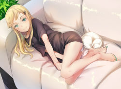 Rule 34 | 1girl, bare legs, barefoot, black shirt, blonde hair, blush, cat, closed mouth, couch, feet, full body, green eyes, green nails, hair ornament, hairclip, light smile, long hair, looking at viewer, lying, nail polish, no pants, on couch, on side, original, panties, plant, shirt, sidelocks, smile, sody, solo, t-shirt, toenail polish, toenails, toes, underwear, white cat, white panties