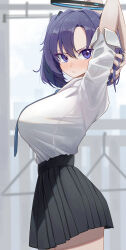 Rule 34 | 1girl, absurdres, alternate hairstyle, arms up, black skirt, blue archive, blue necktie, blurry, blurry background, blush, breasts, commentary, from side, frown, halo, highres, indoors, large breasts, looking at viewer, looking to the side, mcbox, necktie, pleated skirt, purple eyes, purple hair, shirt, shirt tucked in, skirt, solo, twintails, white shirt, yuuka (blue archive)