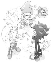 Rule 34 | 4boys, animal ears, animal nose, body fur, boots, bracelet, closed mouth, commentary request, furry, furry male, gloves, greyscale, half-closed eyes, hands up, heart, hedgehog, hedgehog ears, jewelry, knuckles the echidna, looking at another, looking at viewer, looking away, male focus, monochrome, multiple boys, on ground, open mouth, rock, shadow, shadow the hedgehog, shoes, silver the hedgehog, simple background, sitting, sk rokuro, smile, sneakers, socks, sonic (series), sonic the hedgehog, standing, teeth, thinking, two-tone fur