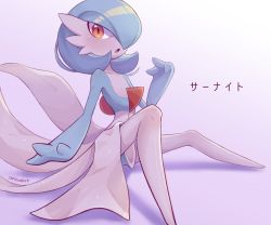 Rule 34 | 1girl, alternate color, artist name, bellavoirr, blue hair, blue skin, blush, bob cut, character name, collarbone, colored skin, creatures (company), female focus, flat chest, full body, game freak, gardevoir, gen 3 pokemon, gradient background, hair over one eye, hand up, highres, japanese text, knee up, looking at viewer, multicolored skin, nintendo, open mouth, outstretched arm, pokemon, pokemon (creature), purple background, red eyes, shiny pokemon, shiny skin, short hair, signature, simple background, sitting, solo, translated, two-tone skin, white skin