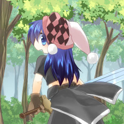 Rule 34 | 1girl, asgard, black pants, black shirt, blue eyes, blue hair, brown gloves, commentary request, cowboy shot, day, forest, gloves, hat, holding, holding sword, holding weapon, jester cap, kanagi tsumugi, long hair, looking at viewer, looking back, nature, open mouth, outdoors, pants, pink hat, pom pom (clothes), shirt, solo, sword, tree, warrior (asgard), weapon