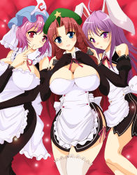 Rule 34 | 3girls, animal ears, blue eyes, braid, breasts, rabbit ears, dream c club, dream c club (series), dress, elbow gloves, female focus, gloves, hat, hong meiling, large breasts, long hair, maid, multiple girls, pantyhose, pink hair, purple hair, red eyes, red hair, reisen udongein inaba, saigyouji yuyuko, saipin, short hair, thighhighs, touhou, twin braids