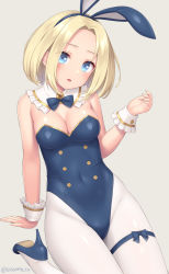 Rule 34 | 1girl, arm support, blonde hair, blue bow, blue bowtie, blue eyes, blue footwear, blue hairband, blue ribbon, bow, bowtie, breasts, cleavage, covered navel, detached collar, forehead, grey background, hairband, high heels, highres, leg ribbon, leotard, medium breasts, open mouth, original, pantyhose, playboy bunny, ribbon, sasaame, simple background, solo, thigh bow, thigh ribbon, white pantyhose, wrist cuffs