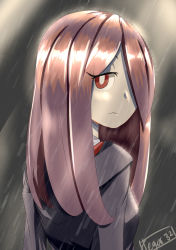 Rule 34 | 1girl, absurdres, artist name, from behind, gar32, hair over one eye, highres, light frown, little witch academia, long hair, looking at viewer, purple hair, rain, robe, solo, sucy manbavaran, upper body