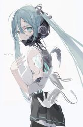 Rule 34 | 1girl, absurdres, anataa, android, artist name, black skirt, black thighhighs, broken arm, commentary, disembodied limb, disembodied torso, green eyes, green hair, hair between eyes, hatsune miku, highres, long hair, looking at viewer, pleated skirt, sidelocks, simple background, skirt, solo, teardrop, thighhighs, twintails, very long hair, vocaloid, white background, wire