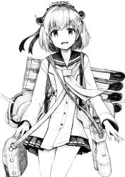 1girl absurdres binoculars cannon dress headgear highres kantai_collection machinery monochrome neckerchief open_mouth round_teeth sailor_dress ship_turret short_hair smile solo speaking_tube_headset teeth torpedo_launcher tsuji_kazuho upper_teeth_only yukikaze_(kancolle) yukikaze_kai_ni_(kancolle)