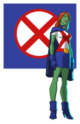 Rule 34 | 1girl, alien, blue footwear, blue gloves, blue skirt, boots, cape, colored skin, dc comics, freckles, gloves, green skin, high heel boots, high heels, highres, jerome-k-moore, miss martian, red hair, skirt, smirk, superhero costume, young justice