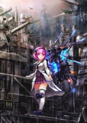 Rule 34 | 1girl, aircraft, airplane, artificial wings, building, cannon, coat, female focus, fighter jet, glowing, hairband, highres, jet, military, military vehicle, original, outdoors, pink eyes, pink hair, shirt, short hair, skirt, sky, skyline, skyscraper, smog, solo, sparks, taharu kousuke, thighhighs, wings, zettai ryouiki