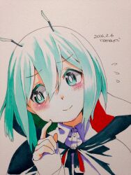 Rule 34 | 1girl, antennae, artist name, black cape, blush, buttons, cape, closed mouth, collared shirt, dated, embarrassed, flying sweatdrops, green eyes, green hair, hair between eyes, namauni, photo (medium), portrait, shirt, short hair, solo, touhou, traditional media, white shirt, wriggle nightbug