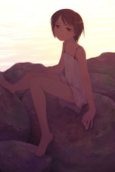 Rule 34 | 1girl, chemise, highres, rock, sitting, sitting on rock, solo, sunset, water