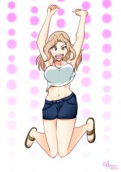 Rule 34 | 1girl, armpits, arms up, banareona, blonde hair, blue eyes, blush, bouncing breasts, breasts, full body, girls und panzer, groin, highres, jumping, kay (girls und panzer), large breasts, looking at viewer, medium hair, midriff, navel, open mouth, polka dot, polka dot background, sandals, short shorts, shorts, simple background, smile, solo, tank top, teeth, tongue, upper teeth only, white tank top