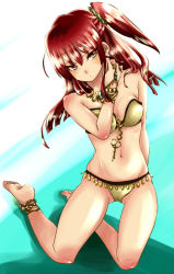 Rule 34 | 1girl, anklet, armlet, bad id, bad pixiv id, bandeau, bare legs, barefoot, bikini, bracelet, chain, d ducky, feet, gold, jewelry, magi the labyrinth of magic, morgiana, navel, necklace, o-ring, o-ring top, red hair, ring, side ponytail, solo, swimsuit, yellow eyes