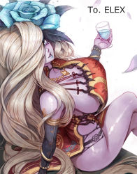 Rule 34 | 1girl, absurdres, bare shoulders, blonde hair, blue flower, blue lips, breasts, carcass (artist), cleavage, colored skin, crossed legs, cup, drink, drinking glass, dungeon and fighter, english text, eyelashes, flower, hair between eyes, hair over one eye, highres, huge breasts, jewelry, large breasts, lipstick, long hair, looking back, makeup, open mouth, pelvic curtain, petals, purple skin, sharan (dungeon and fighter), simple background, sitting, sitting on object, smile, solo, thick thighs, thighs, white background, wine glass