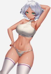 Rule 34 | 1girl, aqua eyes, arm behind head, arm up, armpits, asamura hiori, breasts, cleavage, collarbone, cowboy shot, curvy, dark skin, green eyes, gundam, gundam suisei no majo, hand on own hip, highres, large breasts, looking at viewer, navel, secelia dote, shiny skin, short hair, simple background, smile, solo, standing, tan, thighhighs, thighs, thong, white hair, wide hips