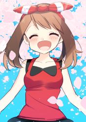 Rule 34 | 1girl, absurdres, bad id, bad pixiv id, blush, bow, brown hair, cherry blossoms, closed eyes, collarbone, creatures (company), game freak, hair bow, happy, highres, may (pokemon), nintendo, open mouth, pokemon, pokemon oras, short hair, short hair with long locks, sky, smile, solo, spring (season), tank top, tree, yuihico