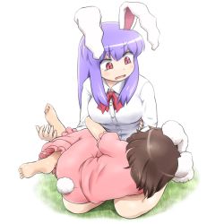 Rule 34 | 2girls, animal ears, bags under eyes, barefoot, breasts, brown hair, commentary request, dress, hug, inaba tewi, lap pillow, large breasts, long hair, long sleeves, lying, lying on lap, multiple girls, on side, open mouth, pink dress, purple hair, rabbit ears, rabbit girl, rabbit tail, red eyes, reisen udongein inaba, shirosato, shirt, sitting, sleeping, sleeping on person, tail, touhou, wariza, wavy mouth