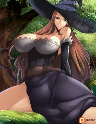 Rule 34 | 1girl, absurdres, areola slip, bare shoulders, breasts, brown eyes, brown hair, cleavage, detached sleeves, dragon&#039;s crown, dress, haganef, hat, hat over one eye, highres, huge breasts, large breasts, long hair, side slit, solo, sorceress (dragon&#039;s crown), staff, strapless, strapless dress, witch hat