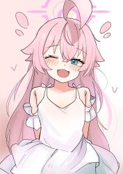 Rule 34 | 1girl, absurdres, ahoge, bare shoulders, blue archive, blue eyes, blush, dress, hair between eyes, halo, high (hgih), highres, hoshino (blue archive), long hair, one eye closed, open mouth, pink hair, pink halo, simple background, solo, white background, white dress