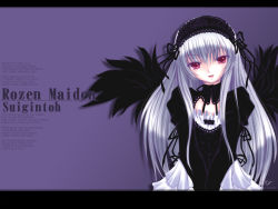 Rule 34 | 00s, hairband, lace-trimmed hairband, lace trim, letterboxed, pink eyes, purple background, rozen maiden, silver hair, suigintou, wallpaper, wings