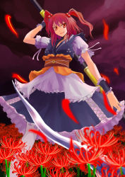 Rule 34 | 1girl, cloud, female focus, flower, hair bobbles, hair ornament, inte, onozuka komachi, outdoors, red eyes, red hair, scythe, short hair, sky, solo, spider lily, standing, touhou, twintails, two side up