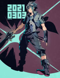 Rule 34 | 1boy, black footwear, black gloves, black hair, black jacket, black pants, black shirt, blue eyes, boots, dated, final fantasy, final fantasy xv, fingerless gloves, full body, gloves, hair between eyes, high collar, highres, holding, holding weapon, jacket, looking to the side, male focus, noctis lucis caelum, open clothes, open jacket, pants, sasaki tomomi, shirt, short hair, short sleeves, single glove, solo, spiked hair, weapon
