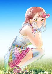 Rule 34 | 1girl, absurdres, back bow, bare shoulders, bow, breasts, cross-laced clothes, cross-laced top, dress, flower, footwear bow, frilled gloves, frilled straps, frills, gloves, grass, hair bun, hair ornament, hands on own face, highres, idol, love live!, love live! nijigasaki high school idol club, love live! school idol festival all stars, love u my friends, medium breasts, outdoors, pink footwear, pink skirt, profile, rainbow skirt, red hair, short hair, side bun, single hair bun, single side bun, skirt, sleeveless, sleeveless dress, solo, squatting, striped, thighhighs, uehara ayumu, white gloves, white thighhighs, yellow eyes, you and i (love live!), zakimpo, zettai ryouiki