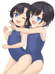 Rule 34 | 2girls, black hair, blue eyes, blue one-piece swimsuit, commentary request, competition school swimsuit, cowboy shot, fang, flat chest, hair ornament, hairclip, hug, hug from behind, medium hair, multiple girls, one-piece swimsuit, open mouth, original, rabbit hair ornament, round teeth, school swimsuit, simple background, swimsuit, tamakorogashi, teeth, upper teeth only, white background