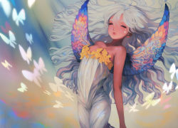 Rule 34 | 1girl, bad id, bad pixiv id, bare shoulders, closed eyes, original, riqurr, solo, white hair, wings