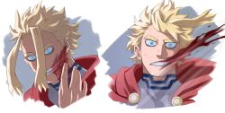 Rule 34 | 1boy, all might, blonde hair, blood, blood on face, blue eyes, boku no hero academia, bruise, cape, clenched teeth, commentary, covered collarbone, english commentary, fang, highres, injury, male focus, multiple views, portrait, red cape, spiked hair, teeth, trevo (trevoshere), white background