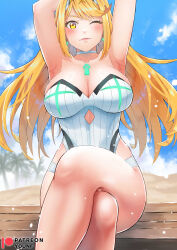 Rule 34 | 1girl, absurdres, armpits, arms up, blonde hair, breasts, chest jewel, choker, cleavage, closed eyes, crossed legs, day, feet out of frame, highres, large breasts, lips, long hair, mythra (radiant beach) (xenoblade), one-piece swimsuit, outdoors, patreon username, ribbed swimsuit, sitting, solo, strapless, strapless one-piece swimsuit, striped clothes, striped one-piece swimsuit, swept bangs, swimsuit, tiara, vertical-striped clothes, vertical-striped one-piece swimsuit, white choker, white one-piece swimsuit, xenoblade chronicles (series), xenoblade chronicles 2, yellow eyes, you nf