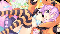 Rule 34 | 10s, 1girl, ;d, absurdres, animal hood, bikini, blush, bow, candy, collarbone, flat chest, food, highres, hood, neptune (neptunia), neptune (series), no shoes, official art, one eye closed, open mouth, pillow, pudding, purple eyes, purple hair, short hair, smile, solo, string bikini, striped bikini, striped clothes, striped thighhighs, swimsuit, thighhighs, tsunako