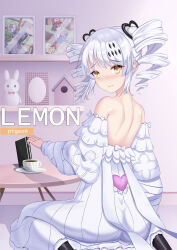 Rule 34 | absurdres, bare shoulders, book, character request, closed mouth, cup, detached sleeves, dress, drill hair, frilled dress, frills, grey hair, hair ornament, heart, heart hair ornament, heart print, highres, indoors, karenina: ember (silver white) (punishing: gray raven), karenina (punishing: gray raven), long hair, long sleeves, looking back, ningmengege, photo (object), punishing: gray raven, sitting, teacup, twin drills, twintails, white dress, white hair, yellow eyes