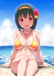 Rule 34 | 1girl, :d, arm support, beach, bikini, blue sky, bracelet, breasts, cai geng, cloud, collarbone, commentary request, day, flower, green hair, hair flower, hair ornament, hairband, hibiscus, highres, horizon, idolmaster, jewelry, legs together, looking at viewer, medium breasts, navel, necklace, ocean, open mouth, outdoors, red eyes, sitting, sky, smile, solo, swimsuit, yellow bikini