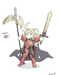 Rule 34 | 1girl, alternate costume, armor, axe, cape, character name, chibi, circlet, fire emblem, fire emblem awakening, fire emblem heroes, full body, green hair, highres, holding, holding axe, holding sword, holding weapon, jitome, long hair, nintendo, no mouth, nowi (fire emblem), purple eyes, ragnell, red armor, saiykik, simple background, sinmara (fire emblem), solo, standing, sword, weapon, white background