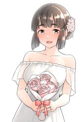 Rule 34 | 1girl, alternate costume, bare arms, bare shoulders, black hair, blunt bangs, blush, bouquet, bow, breasts, brown eyes, collarbone, dress, flower, furaggu (frag 0416), hair bun, hair flower, hair ornament, hairclip, highres, holding, holding bouquet, jewelry, kantai collection, long hair, medium breasts, myoukou (kancolle), open mouth, pink flower, pink rose, red bow, ring, rose, sidelocks, smile, solo, strapless, strapless dress, upper body, wedding dress, wedding ring, white dress