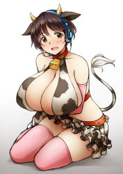 Rule 34 | 1girl, animal ears, animal print, bare shoulders, bell, blush, breast hold, breasts, brown eyes, brown hair, cleavage, collar, commentary, covered erect nipples, cow ears, cow horns, cow print, cow tail, cowbell, elbow gloves, english commentary, frilled skirt, frills, gloves, headset, horns, huge breasts, idolmaster, idolmaster cinderella girls, looking at viewer, microskirt, midriff, neck bell, oikawa shizuku, pas (paxiti), pink gloves, pink thighhighs, short hair, sitting, skirt, smile, solo, tail, tail raised, thighhighs, yokozuwari