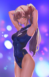 Rule 34 | 1girl, absurdres, blue leotard, blue one-piece swimsuit, blunt bangs, blurry, borrowed character, breasts, brown hair, commentary request, copyright request, cowboy shot, depth of field, hair between eyes, hair bobbles, hair ornament, highres, korean commentary, leotard, long hair, looking at viewer, medium breasts, mildo (asystole92), mouth hold, one-piece swimsuit, orange eyes, ponytail, solo, swept bangs, swimsuit, turtleneck