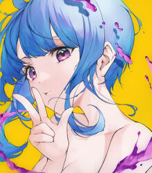 Rule 34 | 1girl, absurdres, blue hair, breasts, closed mouth, crystalherb, fingernails, highres, looking at viewer, medium breasts, nail polish, nude, original, pink nails, purple eyes, short hair, sidelocks, upper body, w, yellow background