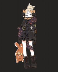 Rule 34 | 1girl, abigail williams (fate), abigail williams (traveling outfit) (fate), bandaid, bandaid on face, bandaid on forehead, black background, black bow, black footwear, black jacket, blonde hair, blue eyes, boots, bow, crossed bandaids, fate/grand order, fate (series), full body, hair bow, hairband, heroic spirit traveling outfit, highres, holding, holding stuffed toy, jacket, mokeo, multiple hair bows, official alternate costume, orange bow, polka dot, polka dot bow, simple background, sleeves past fingers, sleeves past wrists, solo, standing, stuffed animal, stuffed toy, teddy bear, tentacles