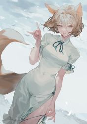 Rule 34 | 1girl, animal ears, blonde hair, breasts, cloud, cloudy sky, covered navel, day, dress, dutch angle, fox ears, fox girl, fox shadow puppet, fox tail, hair between eyes, highres, kudamaki tsukasa, looking at viewer, medium breasts, outdoors, pelvic curtain, reeh (yukuri130), short hair, short sleeves, sky, solo, tail, thighs, touhou, unconnected marketeers, white dress, yellow eyes