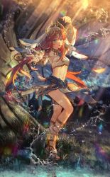 Rule 34 | 1girl, arm up, bare legs, breasts, brooch, crop top, floating hair, forehead jewel, full body, genshin impact, gladiator sandals, gold footwear, grass, highres, horns, jewelry, kleinlight, long hair, looking at viewer, navel, neck ring, nilou (genshin impact), parted lips, red hair, sandals, skirt, small breasts, solo, standing, stomach, tree, veil, vision (genshin impact), water