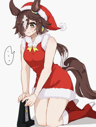 Rule 34 | ..., 1girl, animal ears, bare shoulders, boots, brown eyes, brown hair, christmas, closed mouth, dress, full body, hair over one eye, hat, hide oo, high heel boots, high heels, highres, horse ears, horse girl, horse tail, metronome, ponytail, red dress, red footwear, santa hat, seiza, simple background, sitting, sketch, sleeveless, sleeveless dress, solo, tail, umamusume, vodka (umamusume), white background