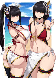 Rule 34 | 2girls, adapted costume, alternate hairstyle, ass, beach, bikini, breasts, fewer digits, hair ornament, highres, hime cut, hinoa, jewelry, large breasts, minoto, monster hunter (series), monster hunter rise, multiple girls, necklace, outside border, pointy ears, ponytail, shell, shell necklace, shimure (460), siblings, sisters, swimsuit, thigh strap, twins, yellow eyes