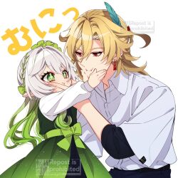 Rule 34 | 1boy, 1girl, belt, black belt, blonde hair, blue pants, collared shirt, dress, earrings, genshin impact, green dress, green eyes, green hair, hands on another&#039;s cheeks, hands on another&#039;s face, jewelry, kaveh (genshin impact), long hair, looking at another, medium hair, nahida (genshin impact), pants, red eyes, shirt, side ponytail, takamatsu (yamajiai), translation request, white background, white hair, white shirt