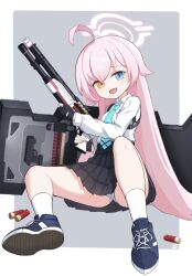 Rule 34 | 1girl, ahoge, aqua necktie, ass, ballistic shield, beretta 1301, black footwear, blue archive, blue eyes, blush, chest harness, chinese commentary, collared shirt, commentary request, fang, grey background, gun, hair between eyes, hair flaps, halo, handgun, harness, heterochromia, highres, holding, holding gun, holding weapon, hoshino (blue archive), id card, long hair, long sleeves, mofftarkin, necktie, open mouth, panties, pink hair, pink halo, plaid, plaid skirt, school uniform, shield, shirt, shoes, shotgun, shotgun shell, shoulder strap, skin fang, skirt, socks, solo, thighs, two-tone background, underwear, weapon, white background, white panties, white socks, yellow eyes