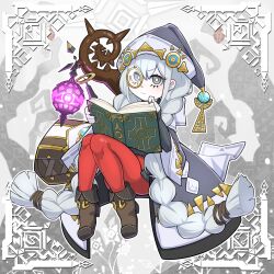 Rule 34 | 1girl, asteria of the white woods, black coat, black hat, black sweater, coat, diabellstar the black witch, duel monster, full body, grey eyes, grey hair, hat, highres, hood, hooded coat, long hair, monocle, pantyhose, reading, red pantyhose, solo, standing, sweater, very long hair, witch hat, yata masahara, yu-gi-oh!