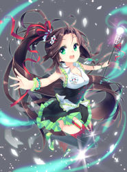 Rule 34 | ahoge, bad id, bad pixiv id, brown hair, e-nya, flower, garter straps, green eyes, hair flower, hair ornament, hair ribbon, long hair, original, outstretched arms, ponytail, ribbon, skirt, smile, solo, spread arms, thighhighs, very long hair, wand
