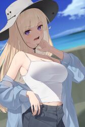 Rule 34 | 1girl, beach, black pants, blonde hair, blue jacket, blurry, blurry background, blush, breasts, camisole, cleavage, collarbone, day, fingernails, grey hat, hat, highres, jacket, kanpa (campagne 9), large breasts, long hair, looking at viewer, ocean, open clothes, open jacket, open mouth, original, outdoors, pants, purple eyes, solo, white camisole