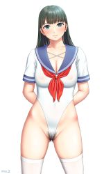 Rule 34 | 1girl, arms behind back, black hair, blue eyes, breasts, cleavage, covered navel, female pubic hair, highres, large breasts, leotard, long hair, mole, mole on breast, mole under eye, original, pubic hair, school uniform, serafuku, short sleeves, simple background, solo, standing, thighhighs, thighs, white background, yurashima